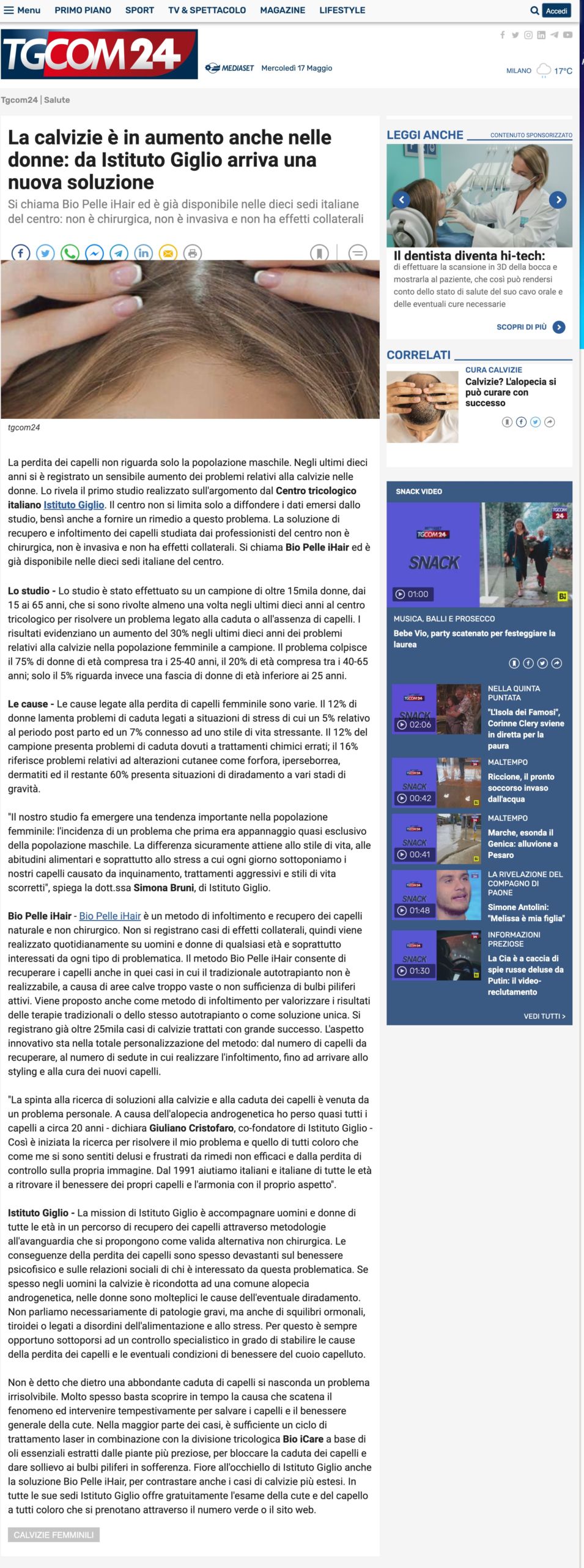 La calvizie è in aumento anche nelle donne: da Istituto Giglio arriva una nuova soluzione